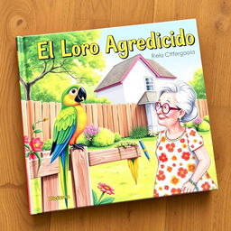 A vibrant book cover illustration featuring a colorful parrot perched on a fence in a sunny backyard, with an elderly lady looking at it attentively
