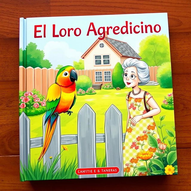 A vibrant book cover illustration featuring a colorful parrot perched on a fence in a sunny backyard, with an elderly lady looking at it attentively