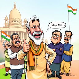 A humorous political cartoon featuring a caricature of Narendra Modi, the Prime Minister of India, engaging in a playful debate