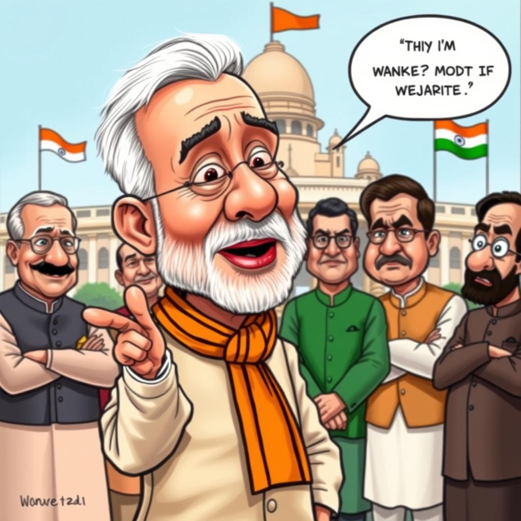 A humorous political cartoon featuring a caricature of Narendra Modi, the Prime Minister of India, engaging in a playful debate