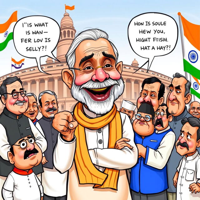 A humorous political cartoon featuring a caricature of Narendra Modi, the Prime Minister of India, engaging in a playful debate