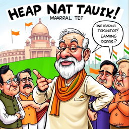 A humorous political cartoon featuring a caricature of Narendra Modi, the Prime Minister of India, engaging in a playful debate