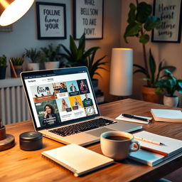 A cozy home office setup showing a stylish desk with a laptop open displaying a variety of online earning opportunities like freelance work, online tutoring, and craft selling