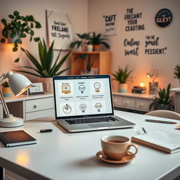 A cozy home office setup showing a stylish desk with a laptop open displaying a variety of online earning opportunities like freelance work, online tutoring, and craft selling