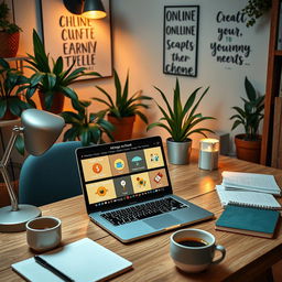 A cozy home office setup showing a stylish desk with a laptop open displaying a variety of online earning opportunities like freelance work, online tutoring, and craft selling