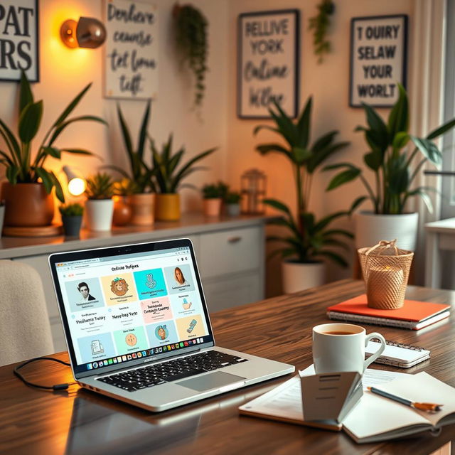 A cozy home office setup showing a stylish desk with a laptop open displaying a variety of online earning opportunities like freelance work, online tutoring, and craft selling