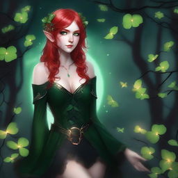 This is a mature-themed digital art piece featuring a red-haired elf girl