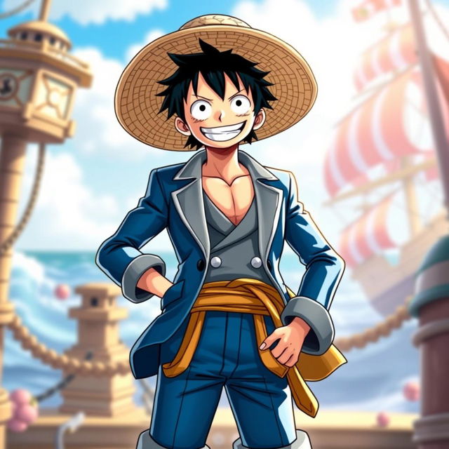 A character inspired by Luffy from the One Piece anime, depicted wearing a stylish blue suit, with his iconic straw hat