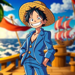A character inspired by Luffy from the One Piece anime, depicted wearing a stylish blue suit, with his iconic straw hat