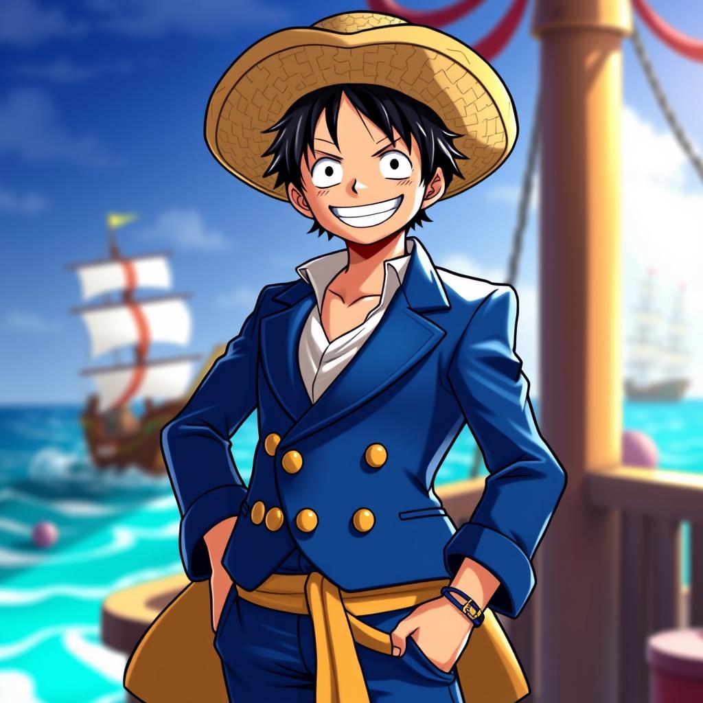 A character inspired by Luffy from the One Piece anime, depicted wearing a stylish blue suit, with his iconic straw hat