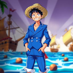 A character inspired by Luffy from the One Piece anime, depicted wearing a stylish blue suit, with his iconic straw hat