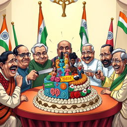 A vivid and humorous political cartoon depicting a group of Indian politicians at a lavish table, cutting into a large cake crafted to represent diverse individuals of various genders, races, and religions