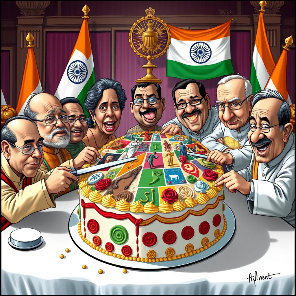 A vivid and humorous political cartoon depicting a group of Indian politicians at a lavish table, cutting into a large cake crafted to represent diverse individuals of various genders, races, and religions