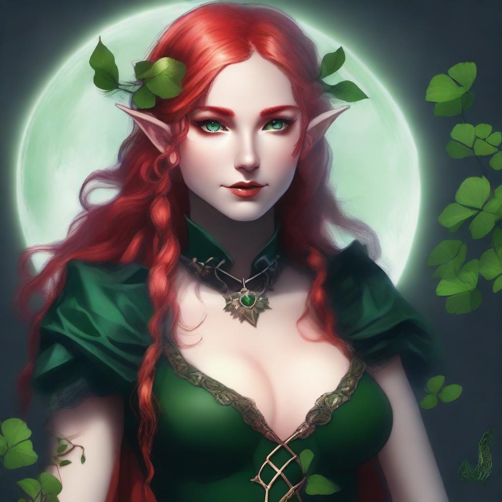 This is a mature-themed digital art piece featuring a red-haired elf girl