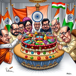 A vivid and humorous political cartoon depicting a group of Indian politicians at a lavish table, cutting into a large cake crafted to represent diverse individuals of various genders, races, and religions