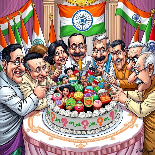 A vivid and humorous political cartoon depicting a group of Indian politicians at a lavish table, cutting into a large cake crafted to represent diverse individuals of various genders, races, and religions