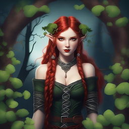 This mature-themed digital art image showcases a red-haired elf girl in a dark fairy and Viking-inspired aesthetic