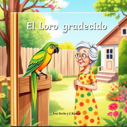 A charming book cover illustration featuring a vibrant parrot perched on a wooden fence in a sunny backyard, alongside an elderly lady who is gazing at it with a look of delight and curiosity