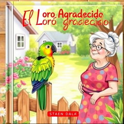 A charming book cover illustration featuring a vibrant parrot perched on a wooden fence in a sunny backyard, alongside an elderly lady who is gazing at it with a look of delight and curiosity