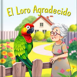 A charming book cover illustration featuring a vibrant parrot perched on a wooden fence in a sunny backyard, alongside an elderly lady who is gazing at it with a look of delight and curiosity