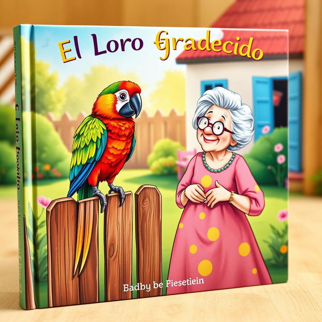 A charming book cover illustration featuring a vibrant parrot perched on a wooden fence in a sunny backyard, alongside an elderly lady who is gazing at it with a look of delight and curiosity