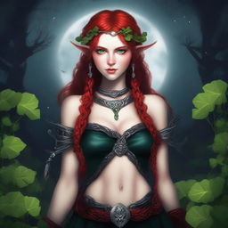 This mature-themed digital art image showcases a red-haired elf girl in a dark fairy and Viking-inspired aesthetic