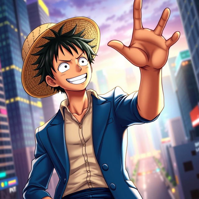 A realistic depiction of Luffy from the One Piece anime, wearing a stylish blue suit