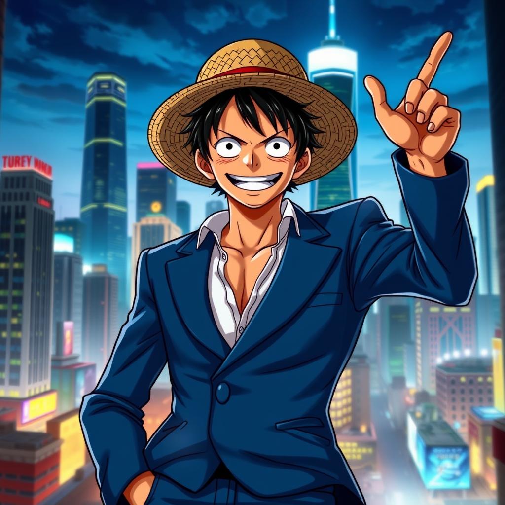 A realistic depiction of Luffy from the One Piece anime, wearing a stylish blue suit