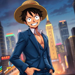 A realistic depiction of Luffy from the One Piece anime, wearing a stylish blue suit