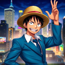 A realistic depiction of Luffy from the One Piece anime, wearing a stylish blue suit
