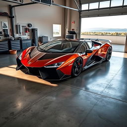 A stunning Lamborghini Vision supercar parked inside a modern garage, showcasing its sleek and futuristic design