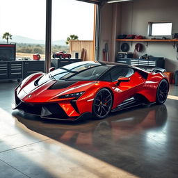 A stunning Lamborghini Vision supercar parked inside a modern garage, showcasing its sleek and futuristic design