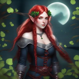 This mature-themed digital art image showcases a red-haired elf girl in a dark fairy and Viking-inspired aesthetic