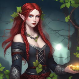 This mature-themed digital art image showcases a red-haired elf girl in a dark fairy and Viking-inspired aesthetic