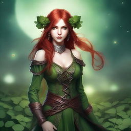 This digital art image presents a mature-themed depiction of a red-haired elf girl