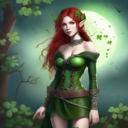 This digital art image presents a mature-themed depiction of a red-haired elf girl