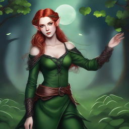 This digital art image presents a mature-themed depiction of a red-haired elf girl