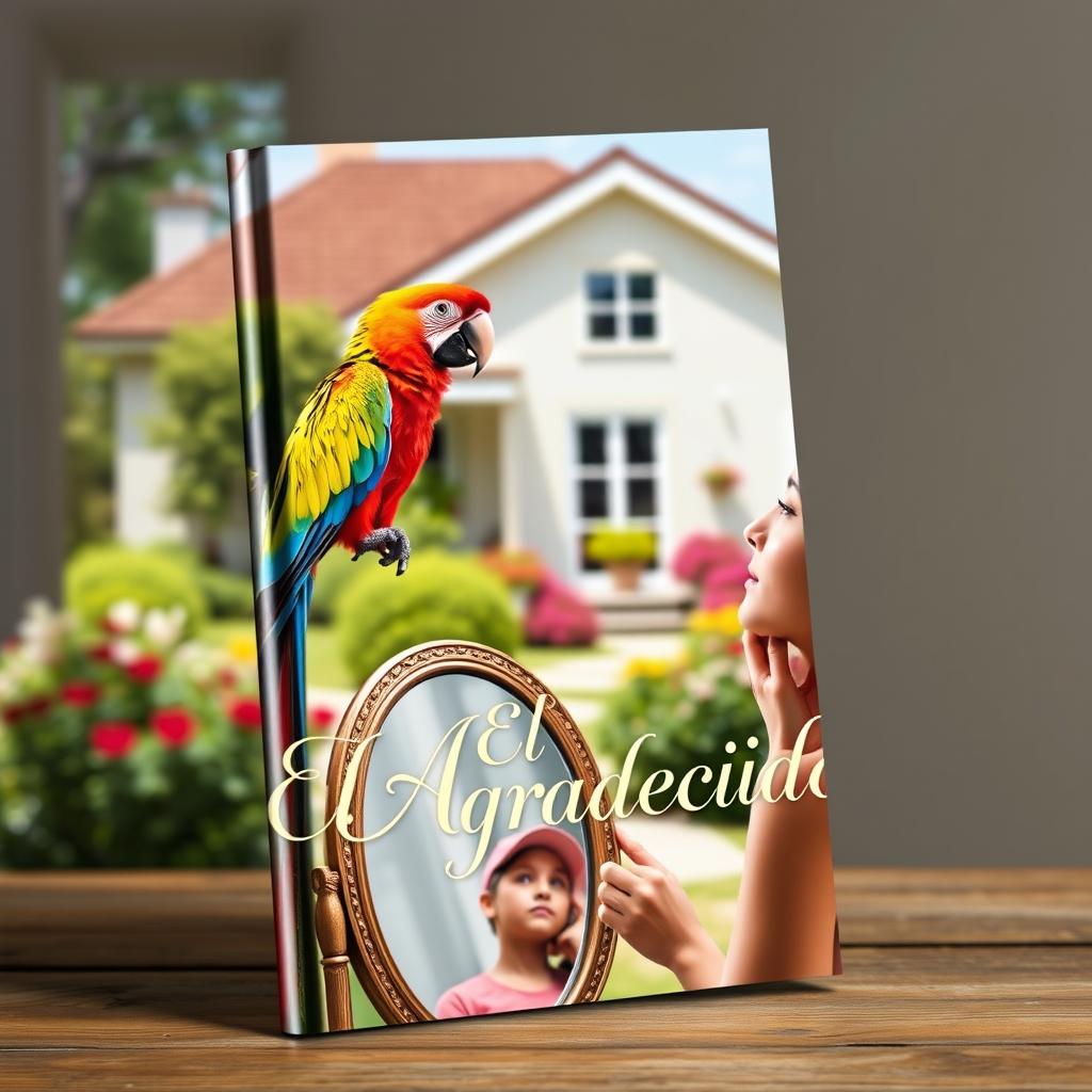 A book cover featuring a vibrant parrot perched in a sunny backyard, with a young woman gazing thoughtfully at herself in a mirror in the foreground