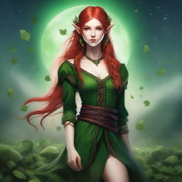 This digital art image presents a mature-themed depiction of a red-haired elf girl