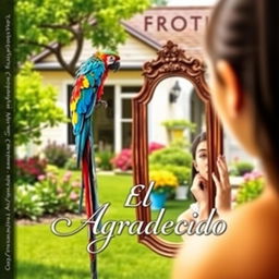 A book cover featuring a vibrant parrot perched in a sunny backyard, with a young woman gazing thoughtfully at herself in a mirror in the foreground
