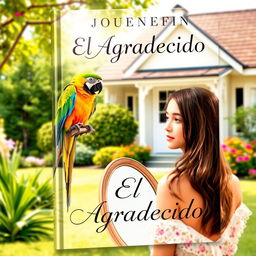 A book cover featuring a vibrant parrot perched in a sunny backyard, with a young woman gazing thoughtfully at herself in a mirror in the foreground