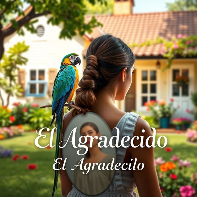 A book cover featuring a vibrant parrot perched in a sunny backyard, with a young woman gazing thoughtfully at herself in a mirror in the foreground