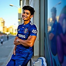 A chill guy wearing the football team uniform of Esteghlal FC, casually leaning against a wall with a relaxed smile