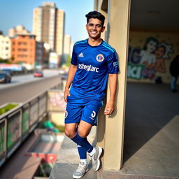A chill guy wearing the football team uniform of Esteghlal FC, casually leaning against a wall with a relaxed smile