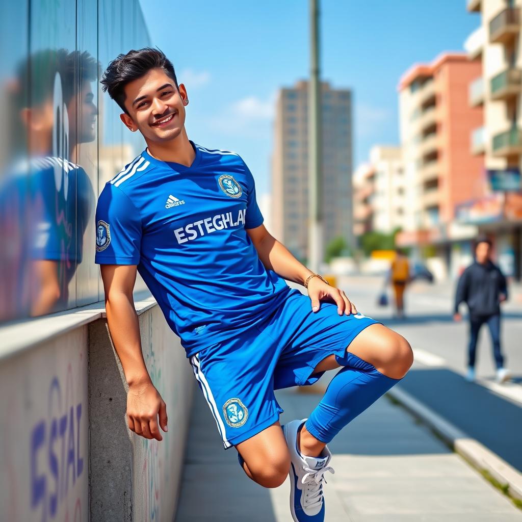 A chill guy wearing the football team uniform of Esteghlal FC, casually leaning against a wall with a relaxed smile