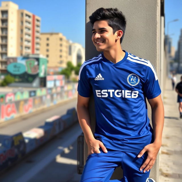 A chill guy wearing the football team uniform of Esteghlal FC, casually leaning against a wall with a relaxed smile