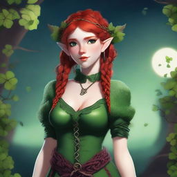 This digital art image portrays a red-haired elf girl in a provocative manner