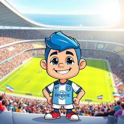 A cartoon character inspired by Chill Guy, dressed in the football team's uniform of Esteghlal FC, showcasing the team's blue and white colors
