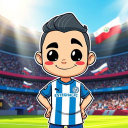 A cartoon character inspired by Chill Guy, dressed in the football team's uniform of Esteghlal FC, showcasing the team's blue and white colors