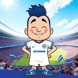 A cartoon character inspired by Chill Guy, dressed in the football team's uniform of Esteghlal FC, showcasing the team's blue and white colors